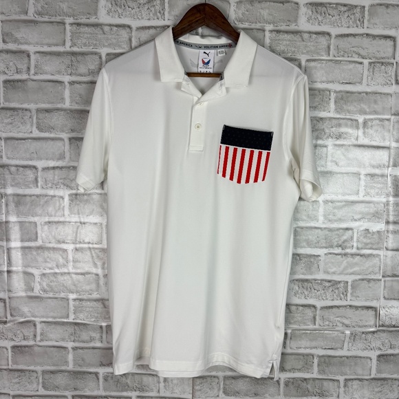 PUMA x Volition America White Performance Flag Pocket Golf Polo Mens SMALL - Picture 1 of 7